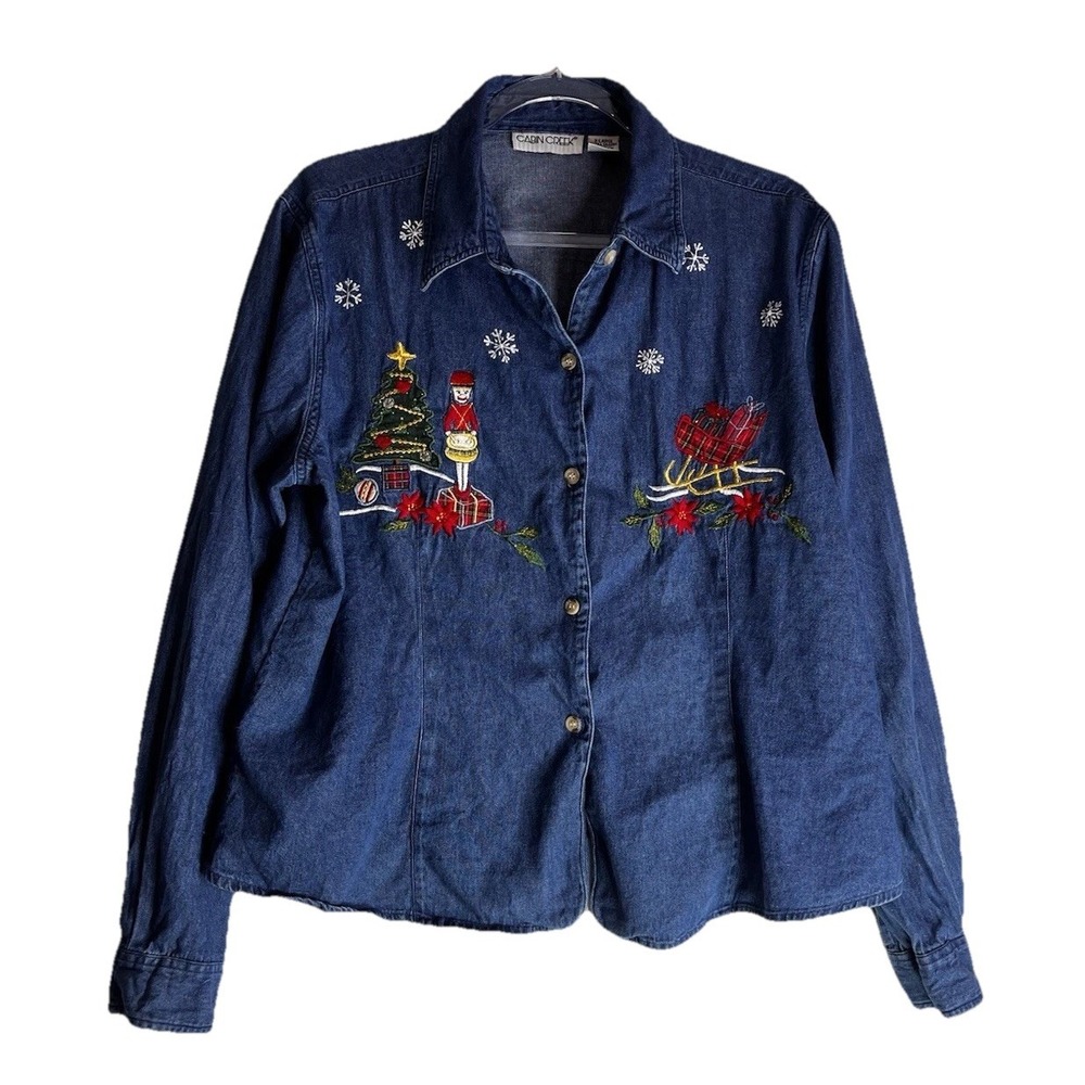 VTG Embroidered Denim Women's XL Shirt Christmas Scene Button Up Grannycore
